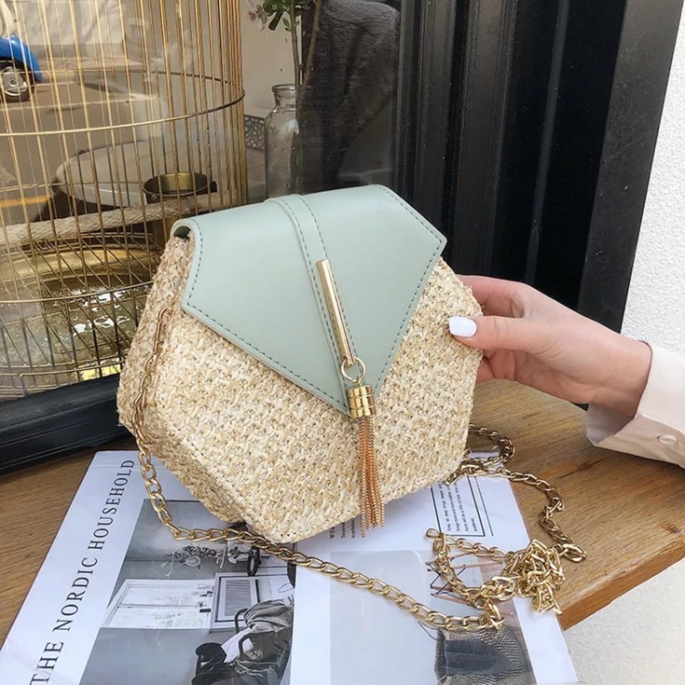 Handmade Woven Hexagon Style Straw+leather Handbag